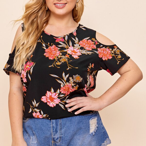 

Plus Cold Shoulder Floral Print Blouse, Black