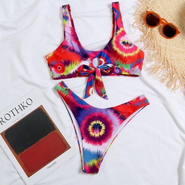 

Tie Dye Knot Front High Cut Bikini Swimsuit, Multicolor