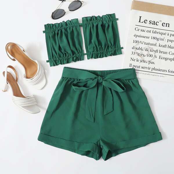 

Frill Trim Tie Back Tube Top & Self Tie Shorts, Dark green