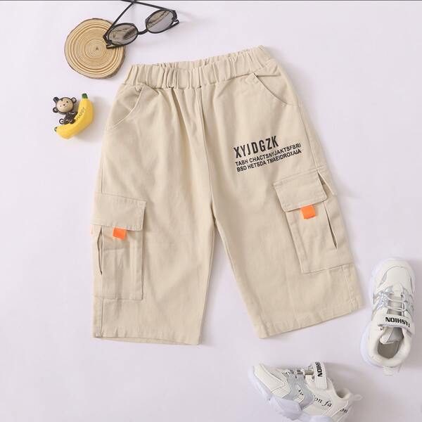 

Boys Flap Pocket Letter Graphic Shorts, Beige