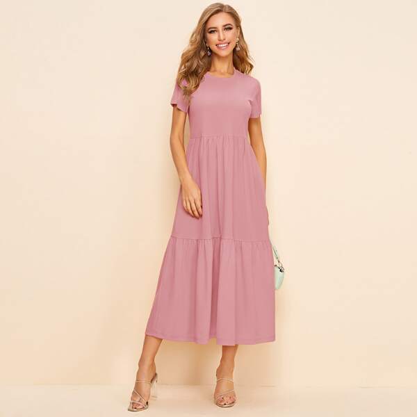 

Solid Flounce Hem A-line Dress, Dusty pink