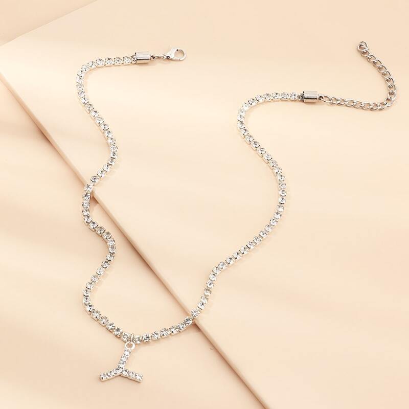 

Rhinestone Letter Charm Necklace, Silver