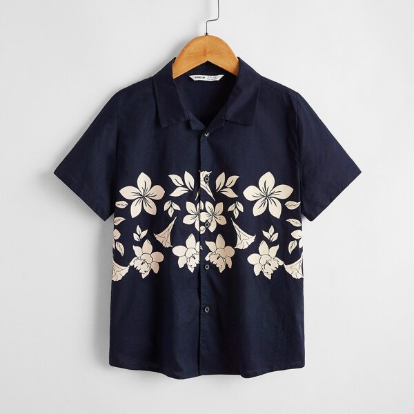 

Boys Collared Floral Print Shirt, Navy blue