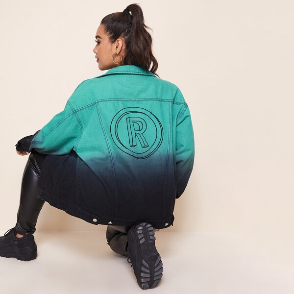 

Plus Letter Graphic Ombre Denim Jacket, Multicolor