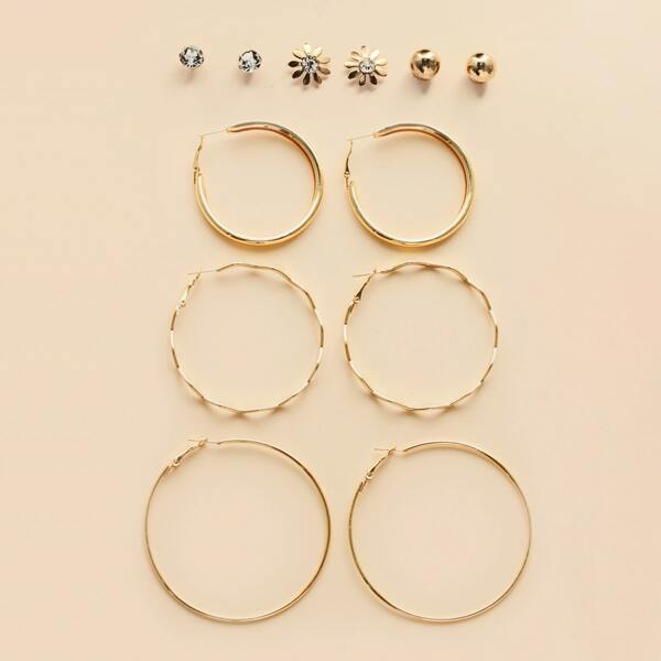 

6pairs Rhinestone Flower Earrings Set, Gold