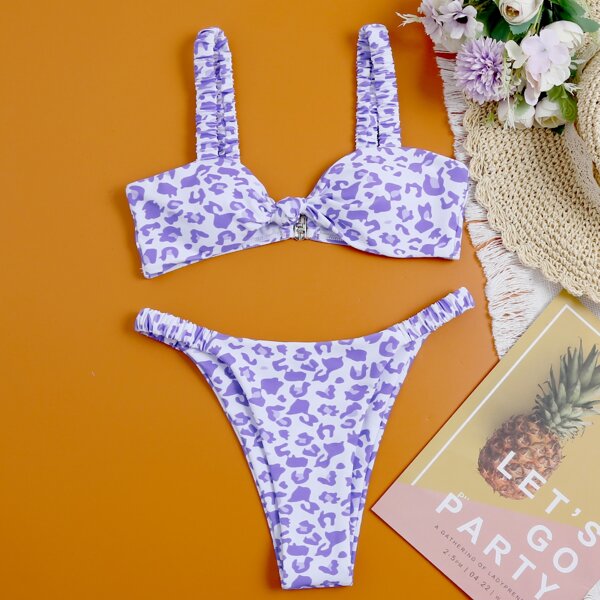 

Leopard High Cut Thong Bikini Swimsuit, Pastel lilac purple