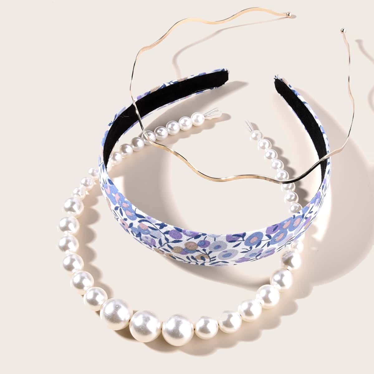 

3pcs Faux Pearl Beaded Hair Hoop, Multicolor