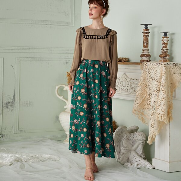 

Fringe Trim Shirred Cuff Blouse And Graphic Print Skirt, Multicolor