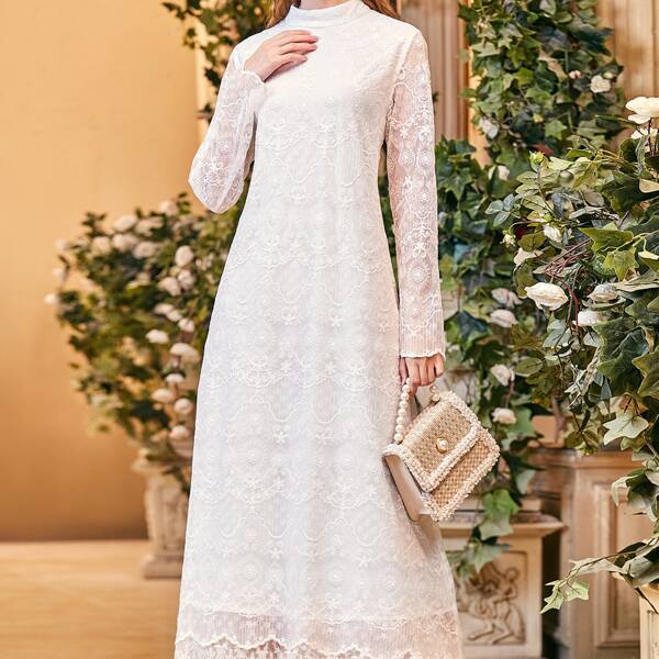 

Stand Collar Keyhole Back Lace Dress, White
