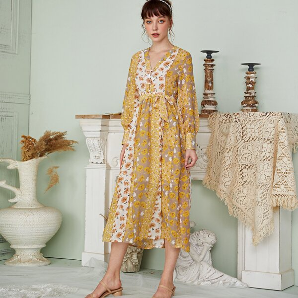 

Button Front Floral Print Patchwork Belted Chiffon Dress, Multicolor