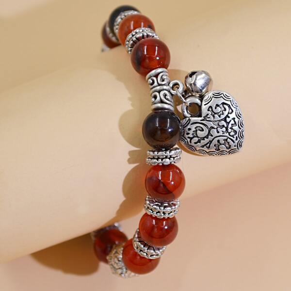 

Heart Charm Beaded Bracelet, Multicolor