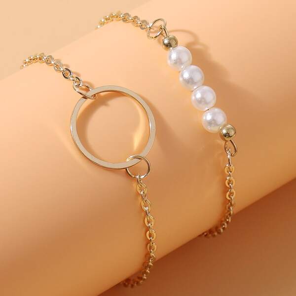 

2pcs Faux Pearl Beaded Bracelet, Gold