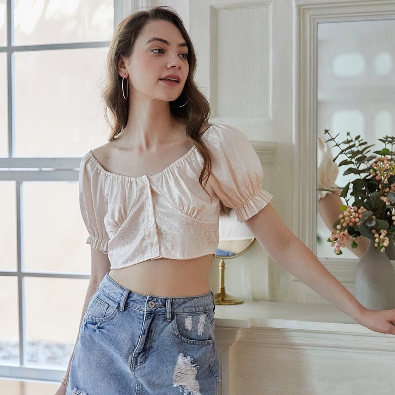 

Jacquard Button Front Crop Blouse, White