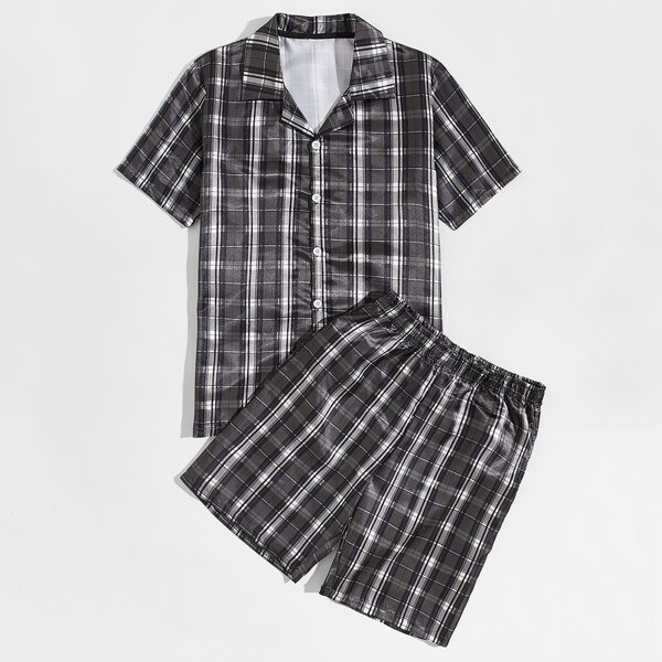 

Men Plaid Lapel Neck Pajama Set, Black