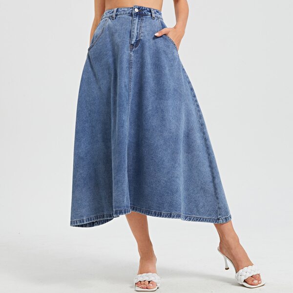 

Asymmetrical Hem Denim Skirt, Medium wash