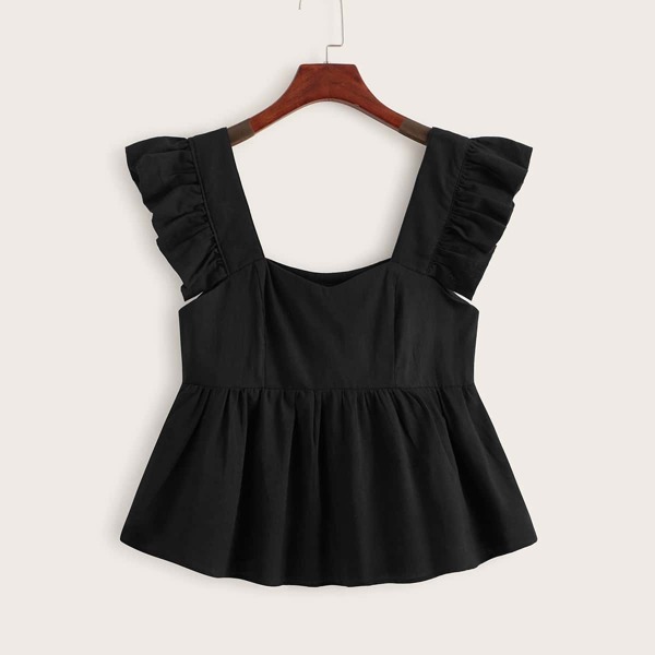 

Plus Ruffle Strap Peplum Top, Black