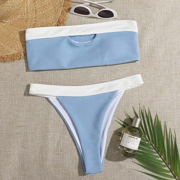 

Rib Bandeau Thong Bikini Swimsuit, Pastel baby blue