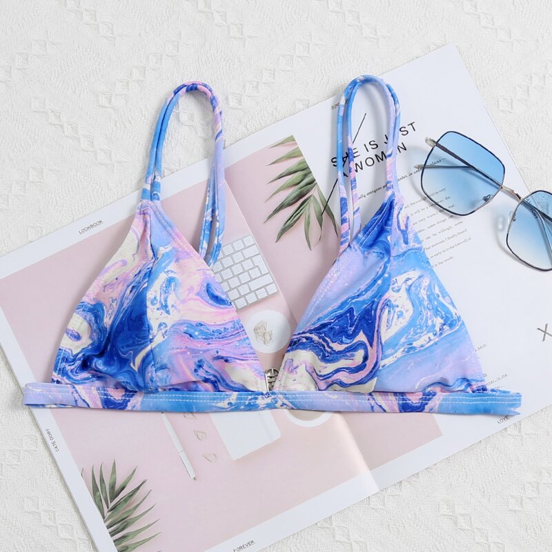 

Marble Print Triangle Bikini Top, Multicolor
