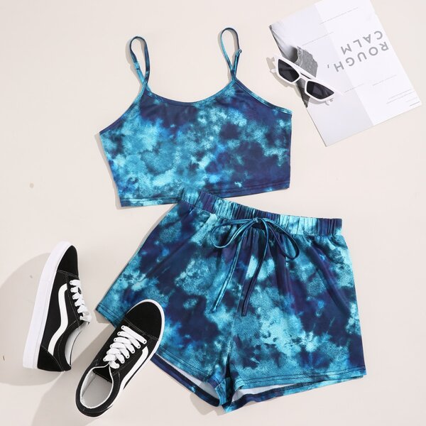 

Tie Dye Cami Top & Knot Waist Track Shorts, Blue