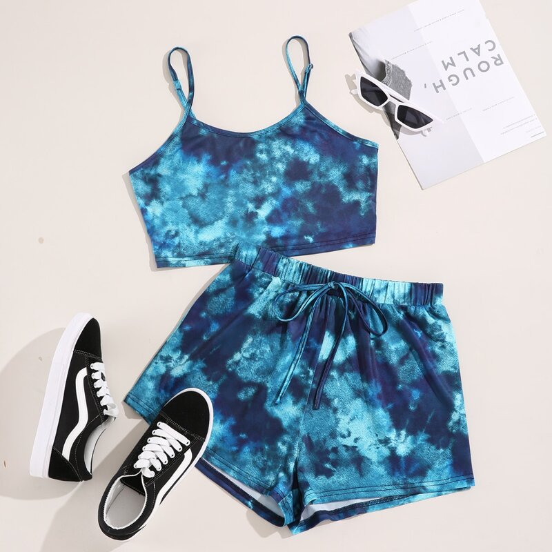 

Tie Dye Cami Top & Knot Waist Track Shorts, Blue