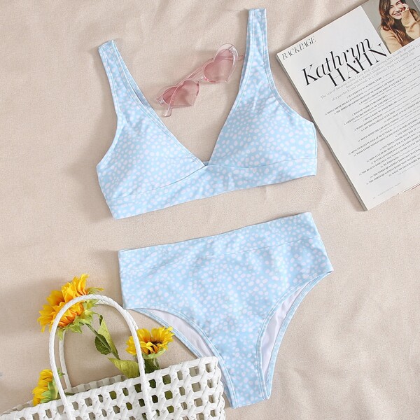

Dalmatian V Neck Bikini Swimsuit, Pastel baby blue