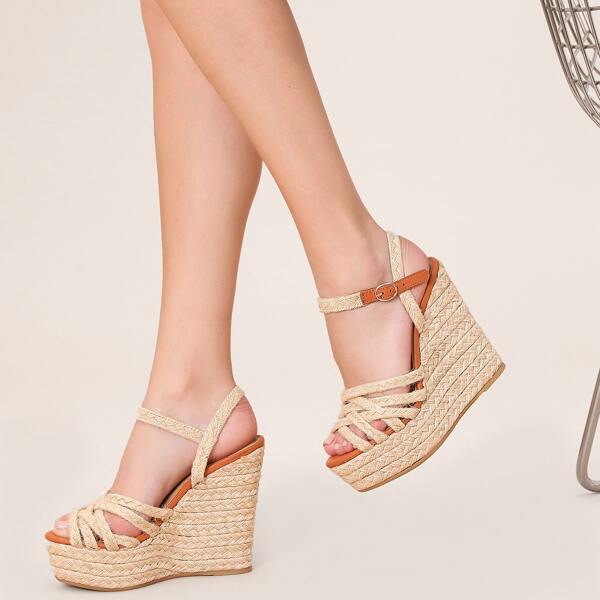 

Braided Jute Open Toe Ankle Strap Platform Wedges, Beige