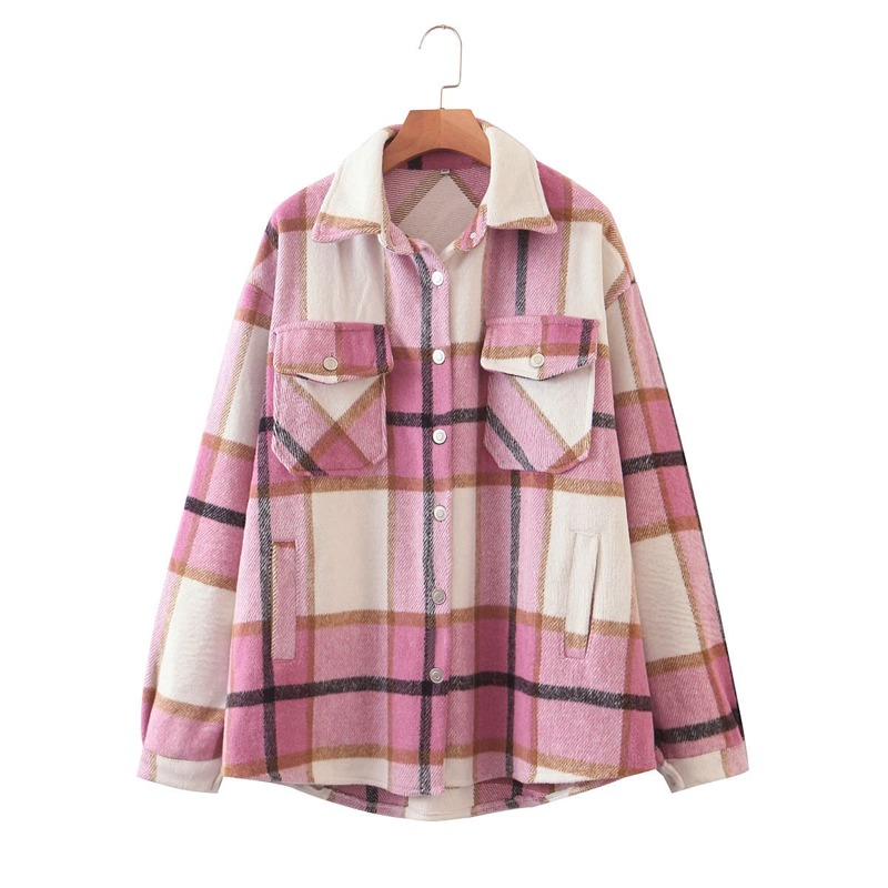 

Plaid Flap Pocket Button Up Trucker Coat, Pink
