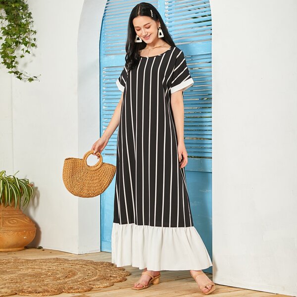 

Striped Ruffle Hem Dress, Black and white