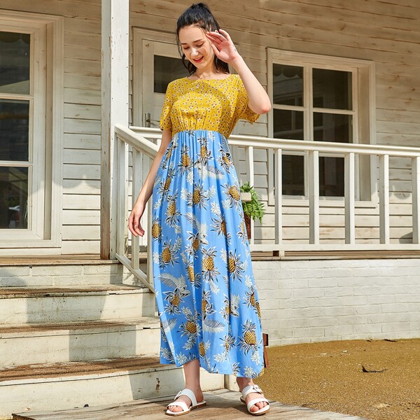 

Dandelion And Pineapple Graphic Color Block Dress, Multicolor