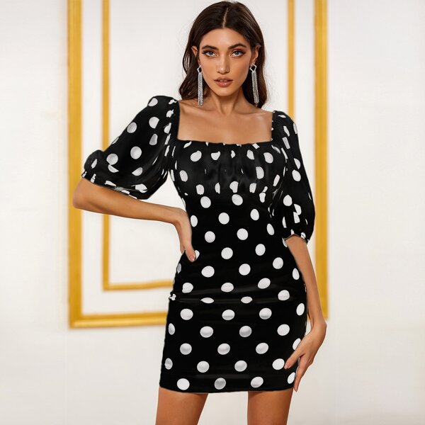 

DKRX Ruched Bust Polka Dot Satin Dress, Black