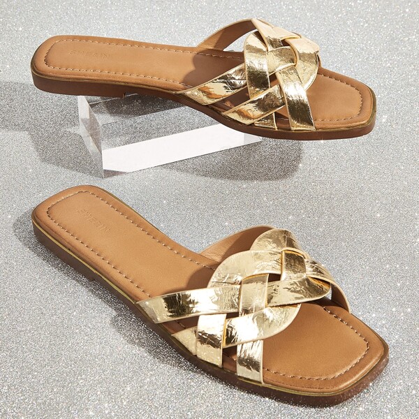 

Metallic Braided Slide Sandals, Gold