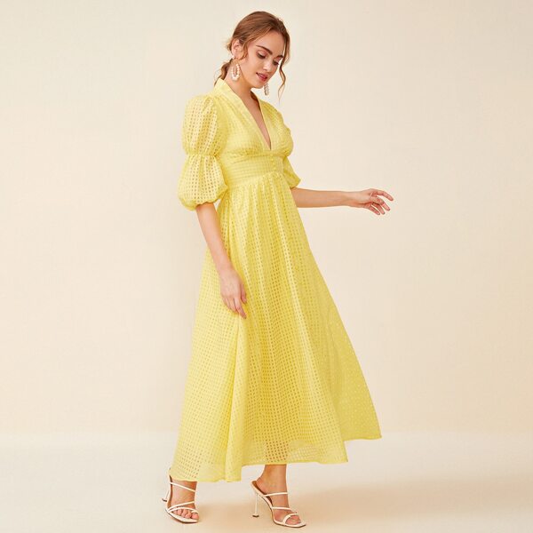 

Gathered Sleeve Buttoned Empire Waist Dress, Yellow pastel
