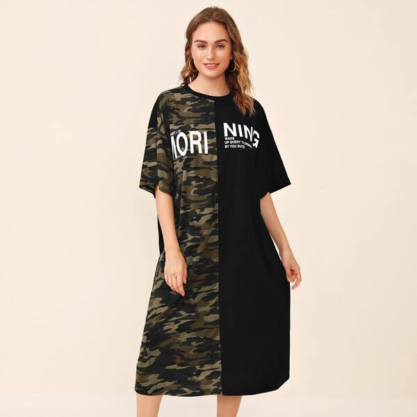 

Drop Shoulder Slogan Graphic Camo Tee Dress, Multicolor