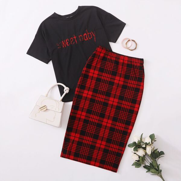 

Letter Graphic Top & Plaid Pencil Skirt Set, Multicolor