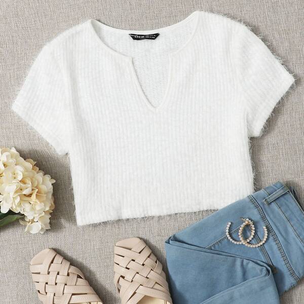 

Notched Neck Fuzzy Knit Top, White