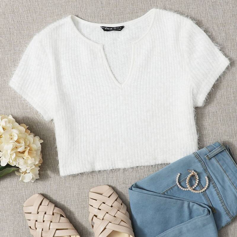 

Notched Neck Fuzzy Knit Top, White
