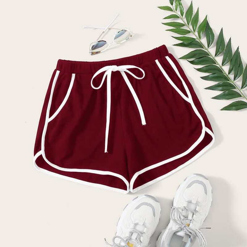 

Tie Front Contrast Binding Dolphin Shorts, Burgundy
