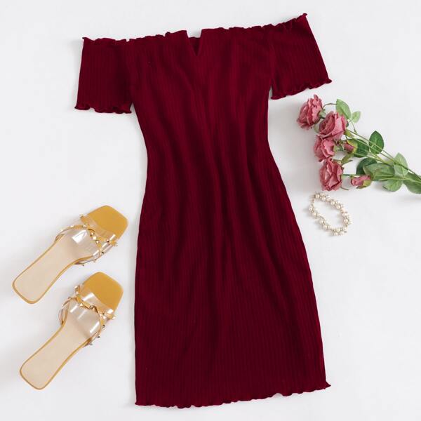 

V-bar Off Shoulder Lettuce Edge Dress, Burgundy