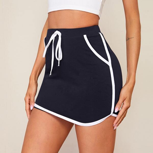 

Knot Front Contrast Binding Dolphin Skirt, Navy blue