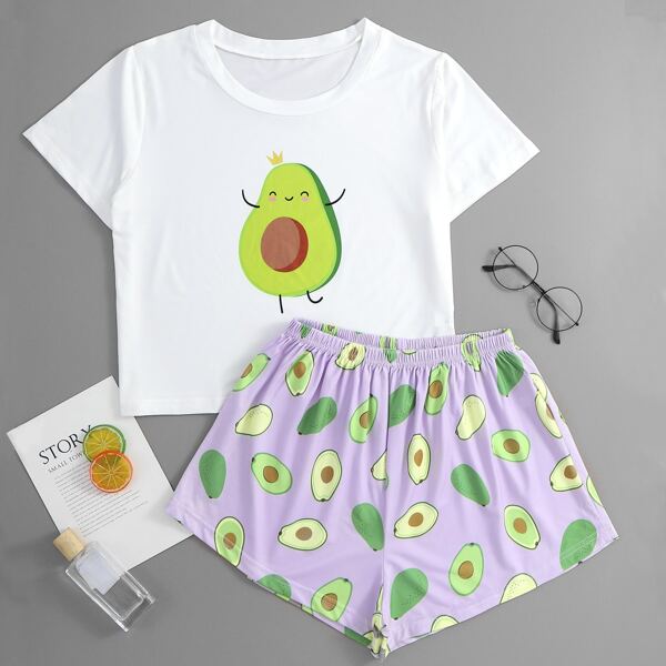 

Cartoon And Avocado Print Pajama Set, Multicolor