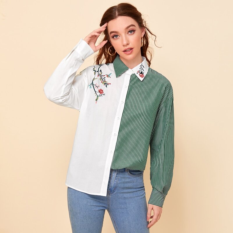 

Floral Embroidery Button Front Striped Blouse, Multicolor