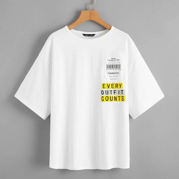 

Drop Shoulder Patch Detail Slogan Graphic Tee, White