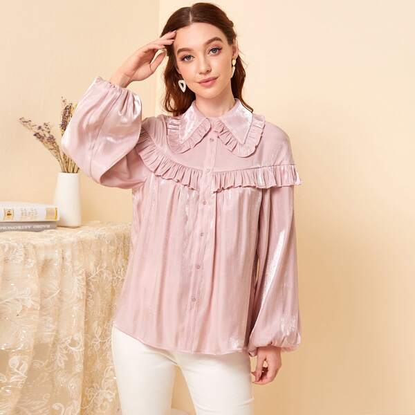 

Frill Trim Lantern Sleeve Blouse, Pastel dusty pink