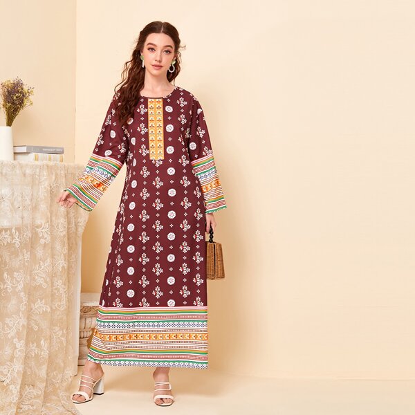 

Striped & Tribal Print Dress, Maroon