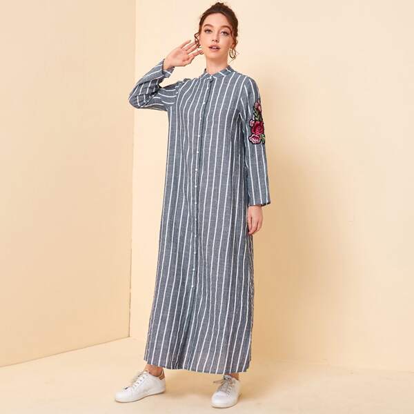 

Single Breasted Floral Embroidery Patched Striped Dress, Grey