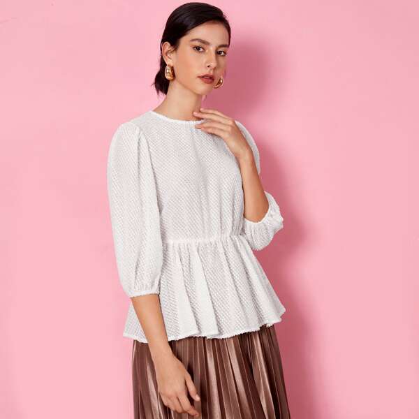 

Bishop Sleeve Solid Peplum Top, White
