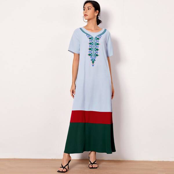 

Tribal Print Yoke Colorblock Dress, Baby blue