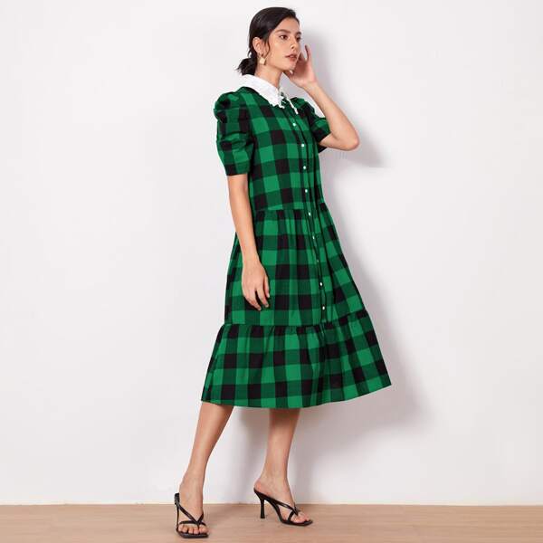 

Button Front Flounce Hem Buffalo Plaid Dress, Green
