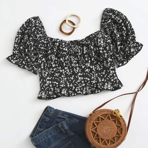 

Plus Tie Front Ditsy Floral Peplum Milkmaid Top, Black