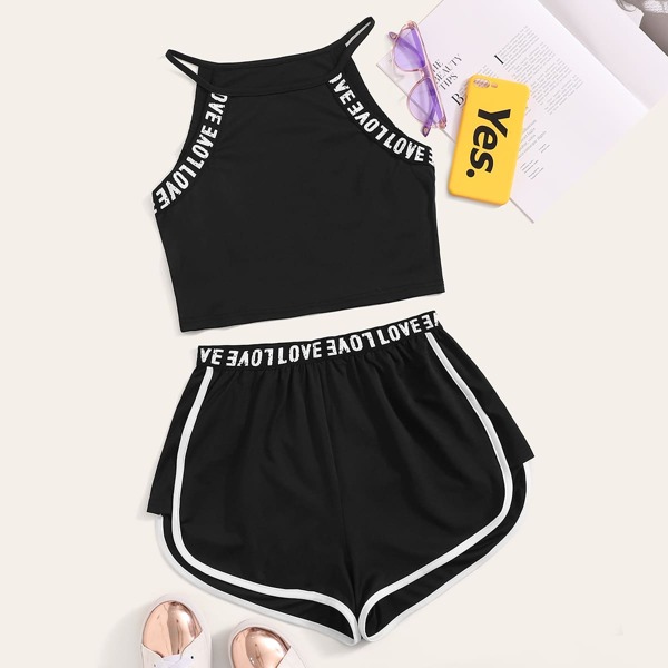 

Plus Letter Graphic Halter Top & Shorts, Black